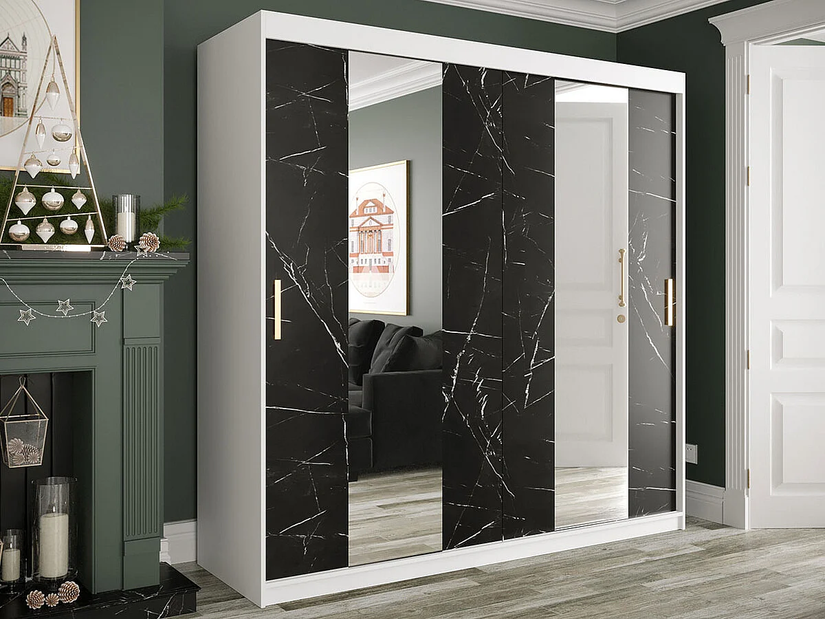 Armoire Hartford 244, Marbre noir|Mat blanc, 200x200x62cm, Portes d'armoire: Coulissantes