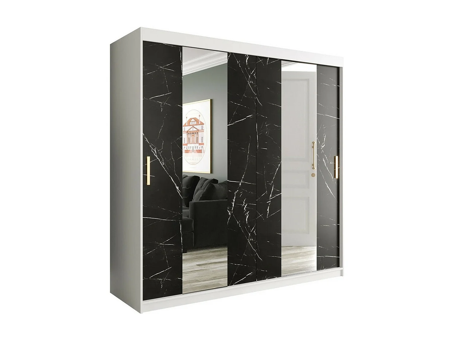 Armoire Hartford 244, Marbre noir|Mat blanc, 200x200x62cm, Portes d'armoire: Coulissantes