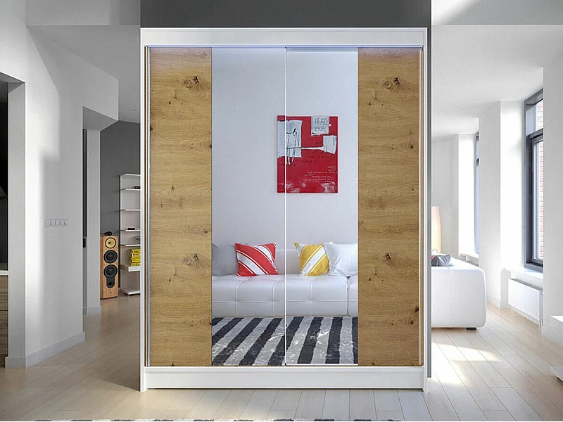 Armario Closico 141, Roble Artisan|Blanco, 200x150x58cm, Puertas de armario: Correderas