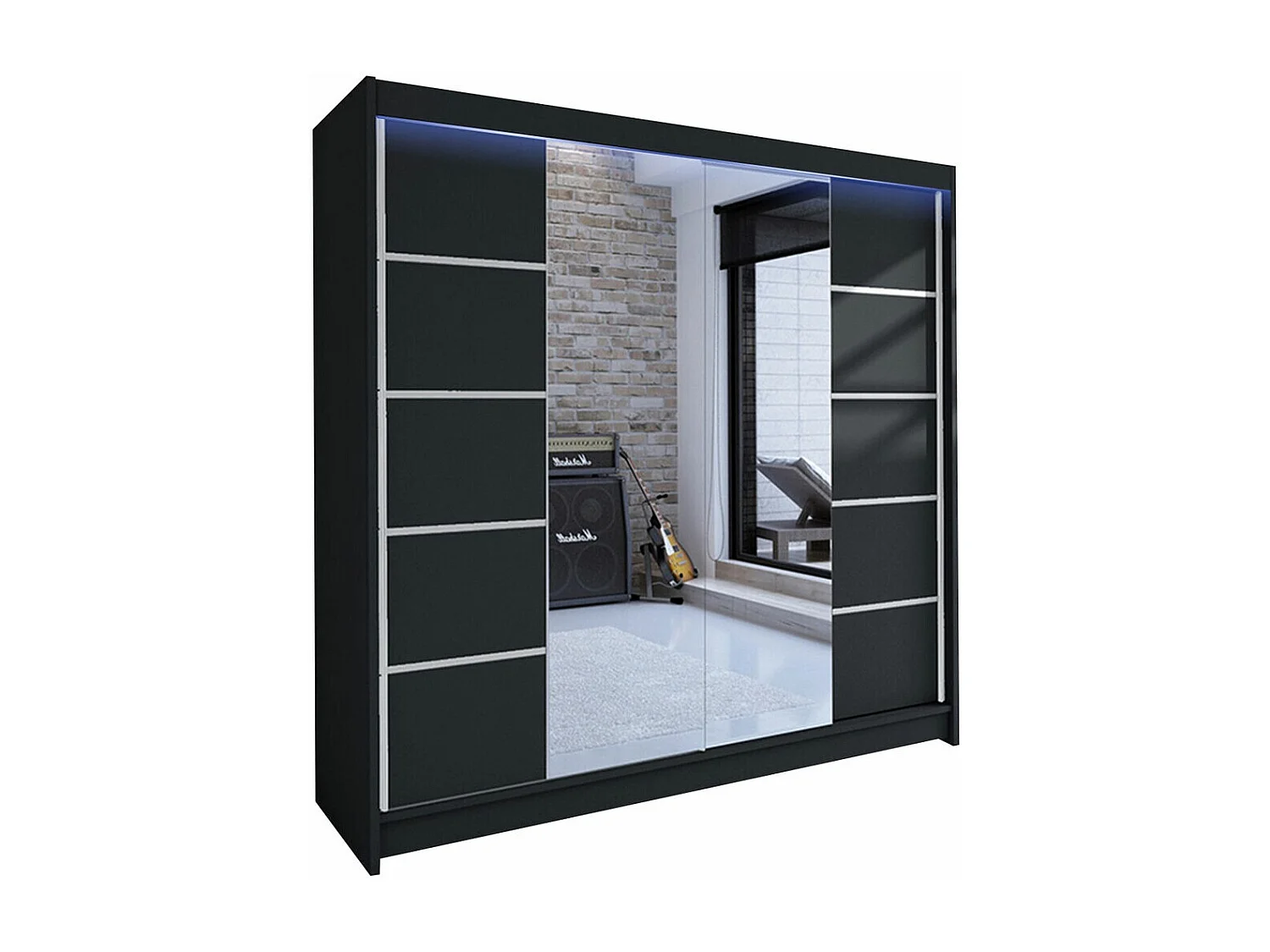 Armoire Closico 154, Noir, 215x180x58cm, Portes d'armoire: Coulissantes