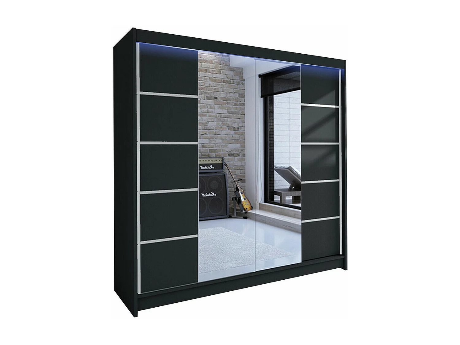 Armoire Closico 154, Noir, 215x180x58cm, Portes d'armoire: Coulissantes