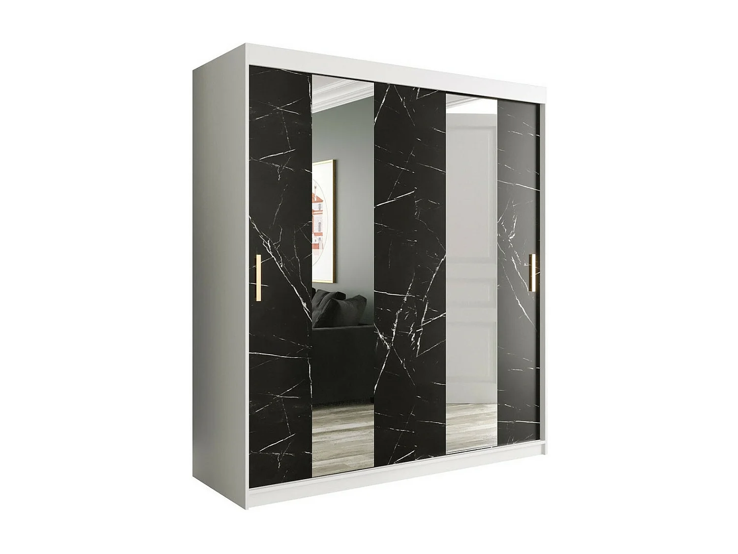 Armoire Hartford 243, Marbre noir|Mat blanc, 200x180x62cm, Portes d'armoire: Coulissantes