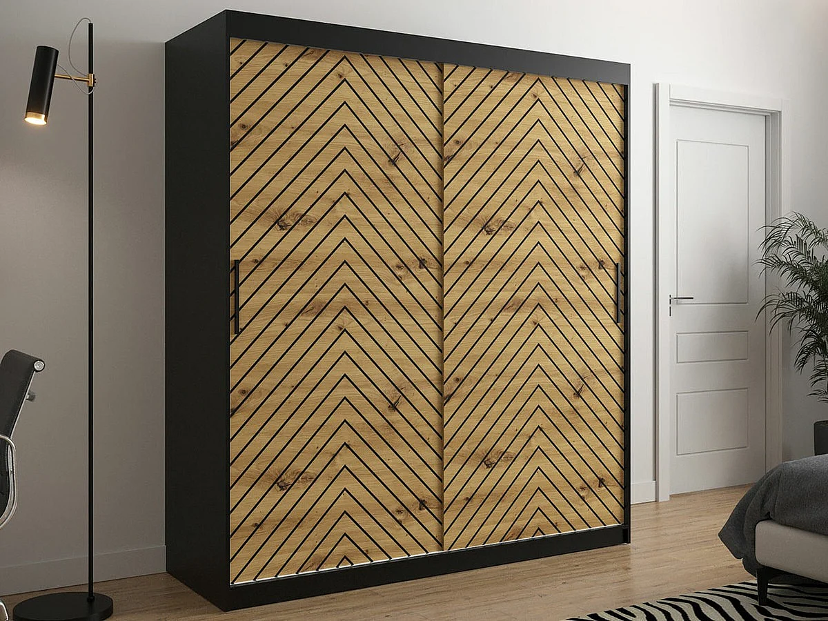 Armoire Hartford 312, Noir|Chêne Artisan, 200x180x62cm, Portes d'armoire: Coulissantes