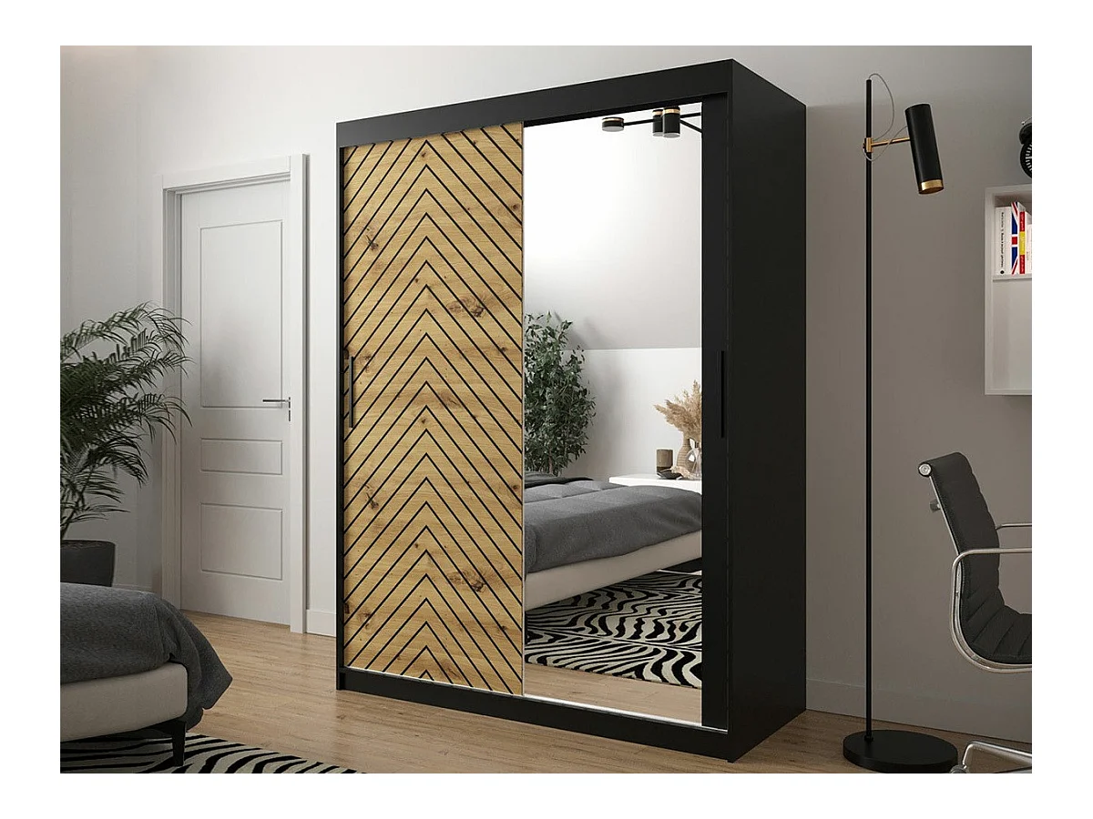 Armoire Hartford 311, Chêne Artisan|Noir, 200x150x62cm, Portes d'armoire: Coulissantes