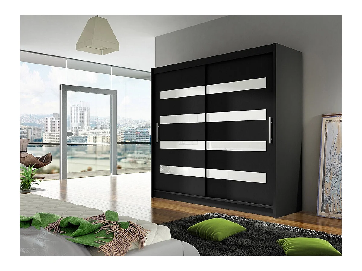 Guardaroba Closico 156, Nero|Bianco lucido, 215x180x58cm, Porte guardaroba: Scorrevoli