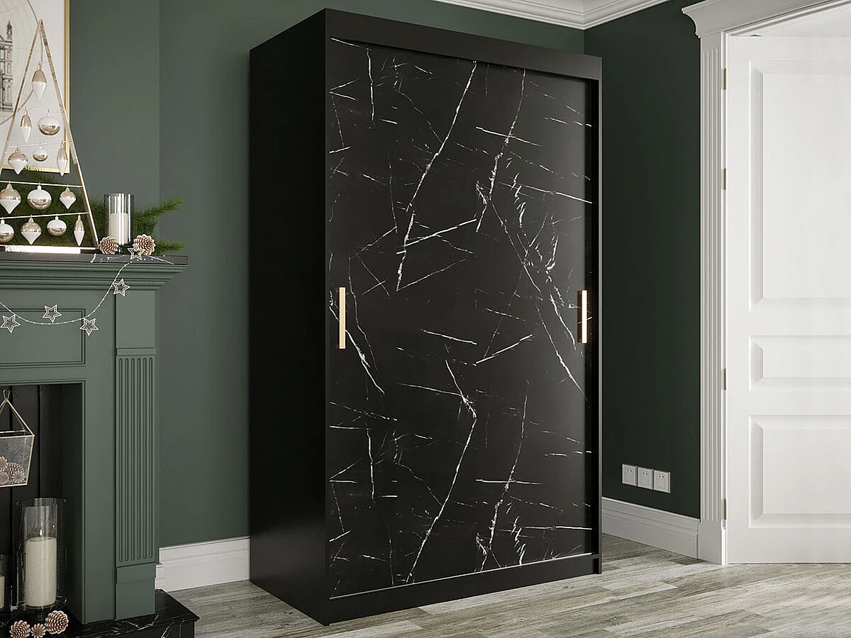 Armoire Hartford 247, Noir mat|Marbre noir, 200x120x62cm, Portes d'armoire: Coulissantes