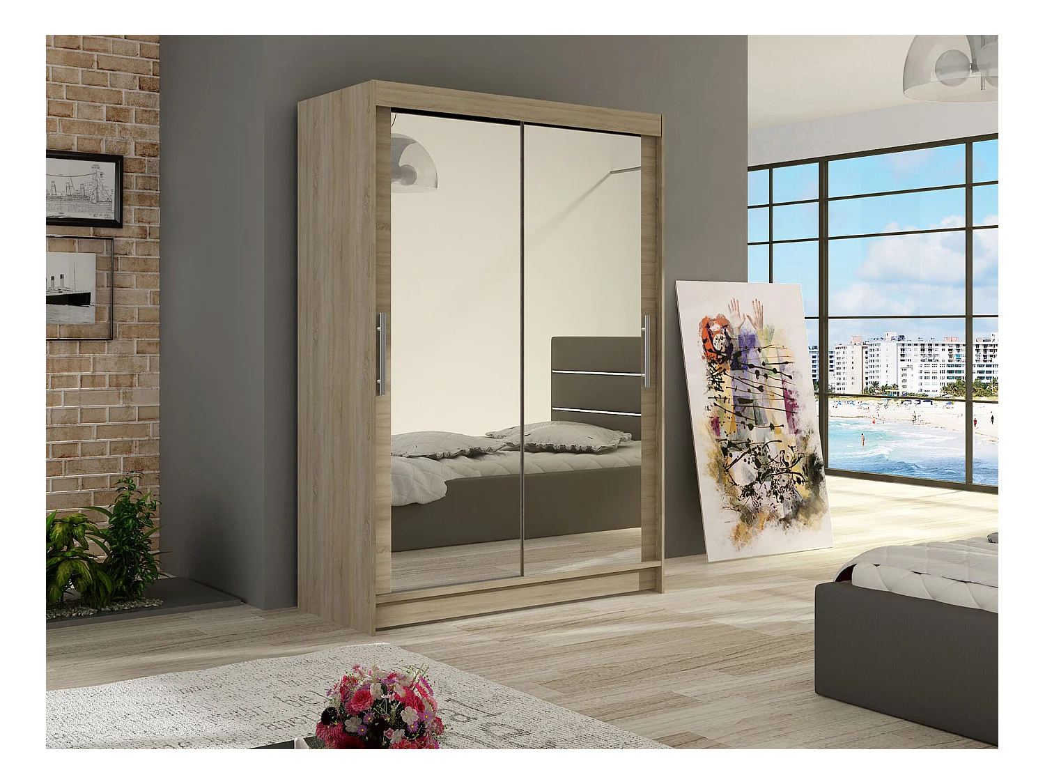 Armario Closico 129, Roble Sonoma, 200x120x58cm, Puertas de armario: Correderas