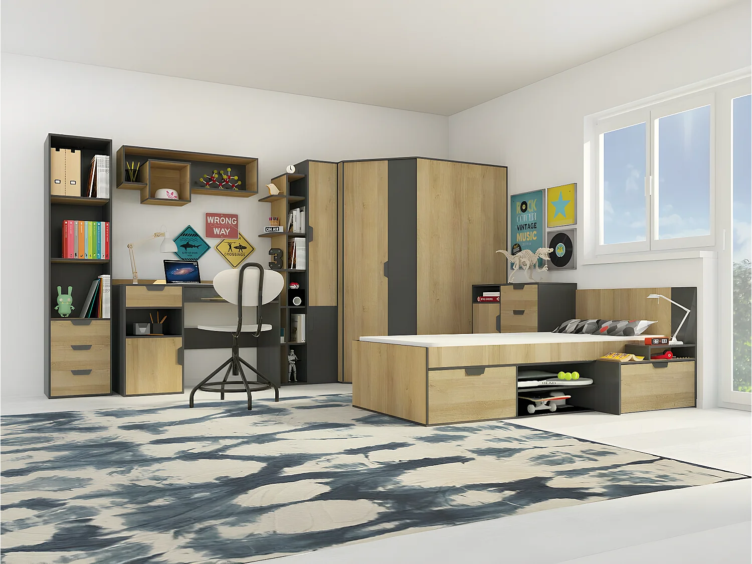 Armoire d'angle Omaha G112, Graphite|Riviera chêne, 195x145x95cm, Nombre d'étagères: 8.00