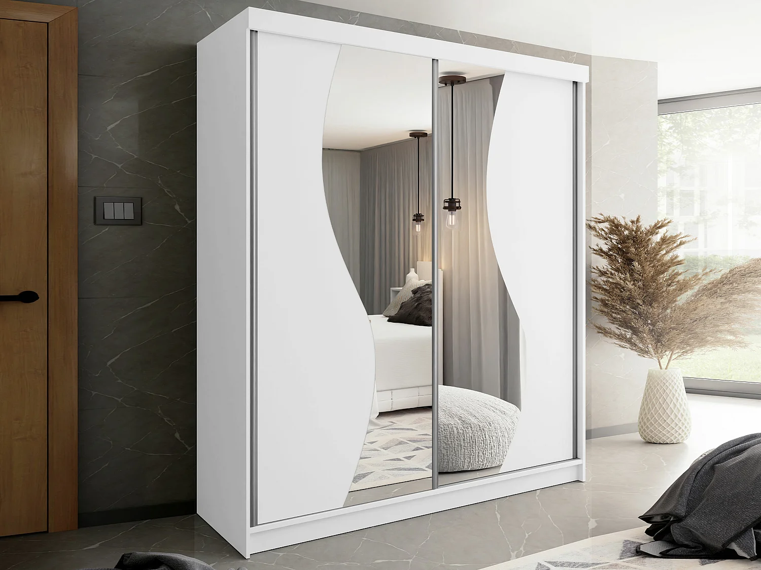 Armoire Dover 105, Blanc, 200x200x62cm, Portes d'armoire: Coulissantes