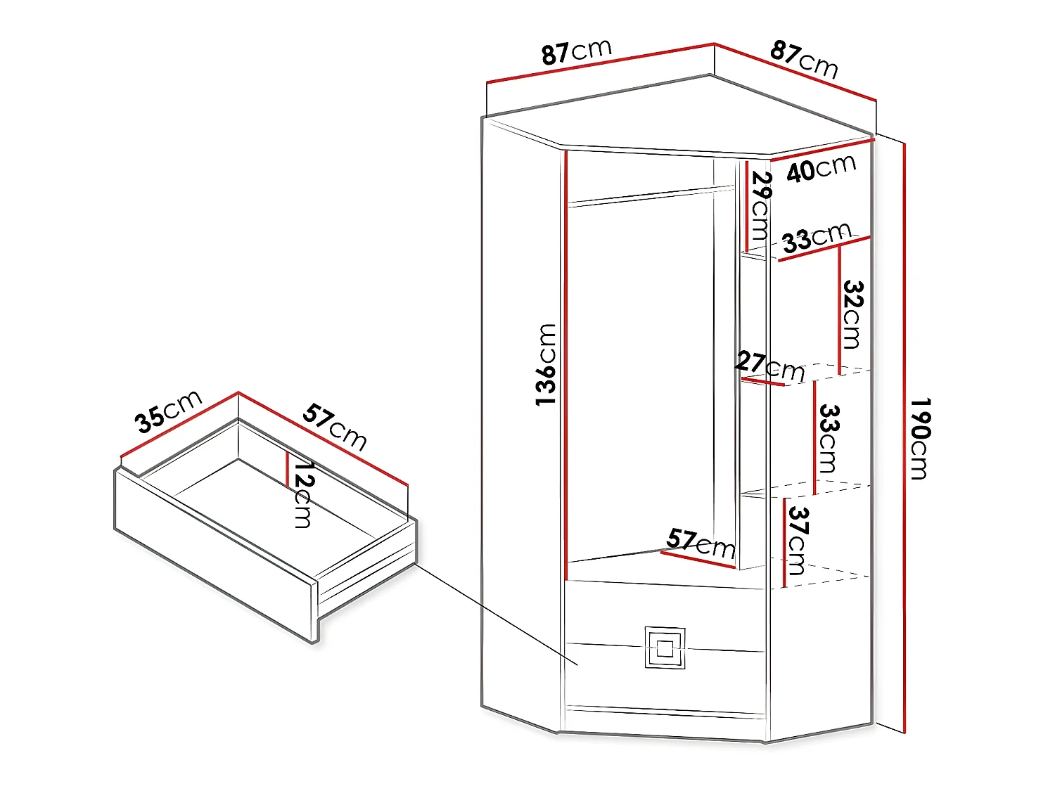 Roupeiro para cantos Akron F102, Número de prateleiras: 3, 190x87x87cm
