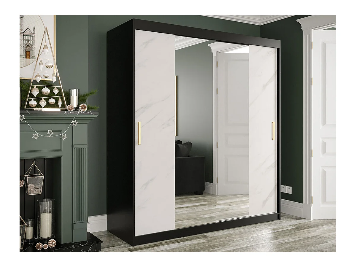 Armoire Hartford 255, Marbre blanc|Noir mat, 200x180x62cm, Portes d'armoire: Coulissantes