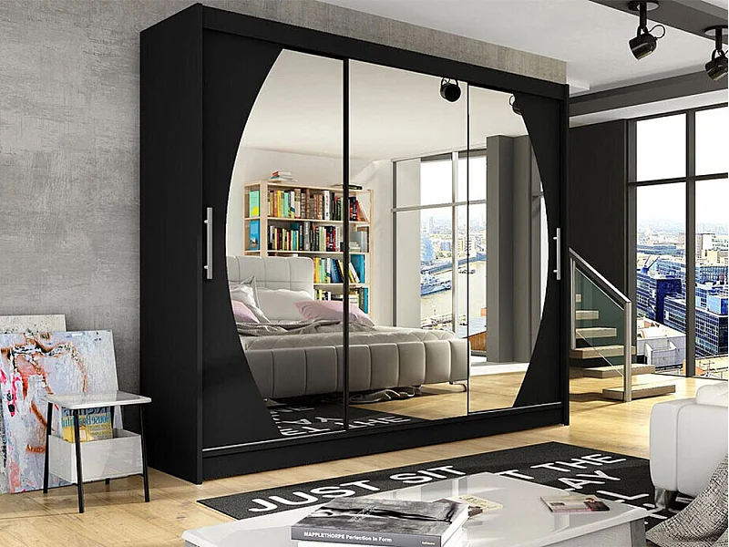 Armoire Closico 130, Noir, 215x250x58cm, Portes d'armoire: Coulissantes