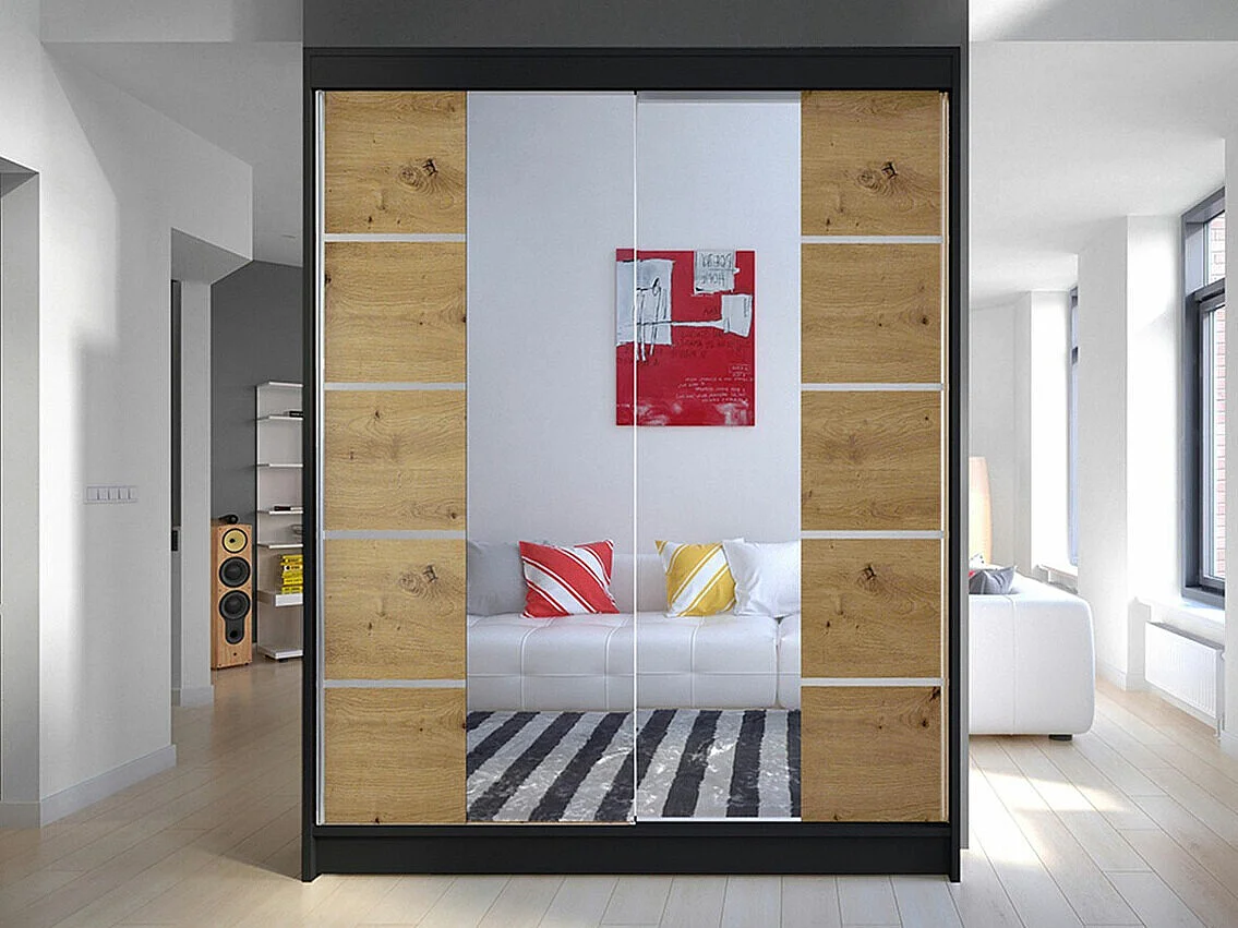 Armario Closico 146, Negro|Roble Artisan, 200x150x58cm, Puertas de armario: Correderas