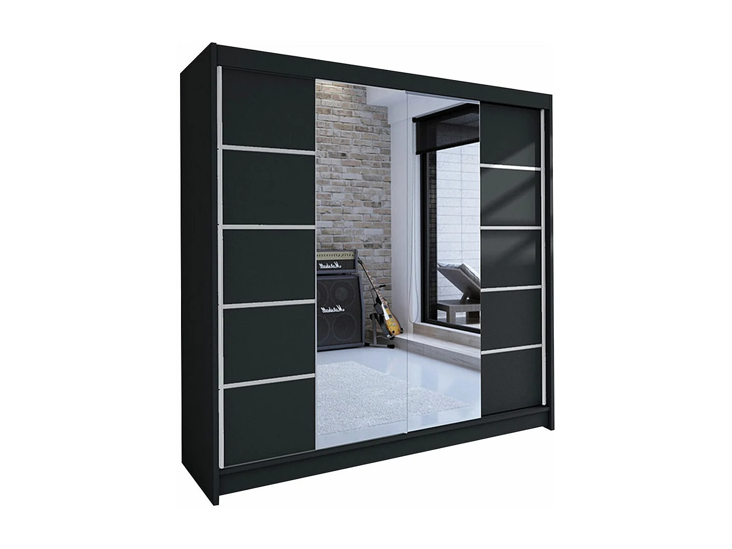 Armoire Closico 154, Noir, 215x180x58cm, Portes d'armoire: Coulissantes