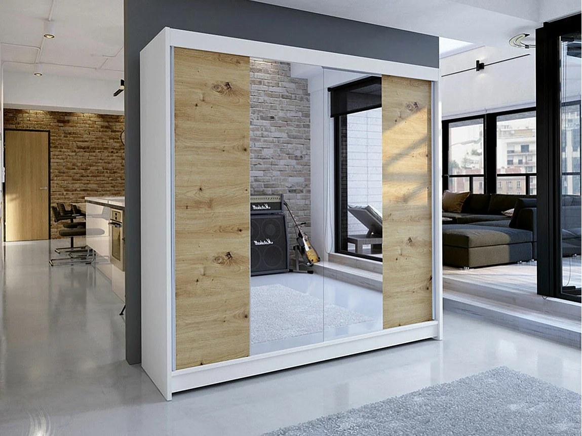 Armoire Closico 138, Chêne Artisan|Blanc, 215x180x58cm, Portes d'armoire: Coulissantes