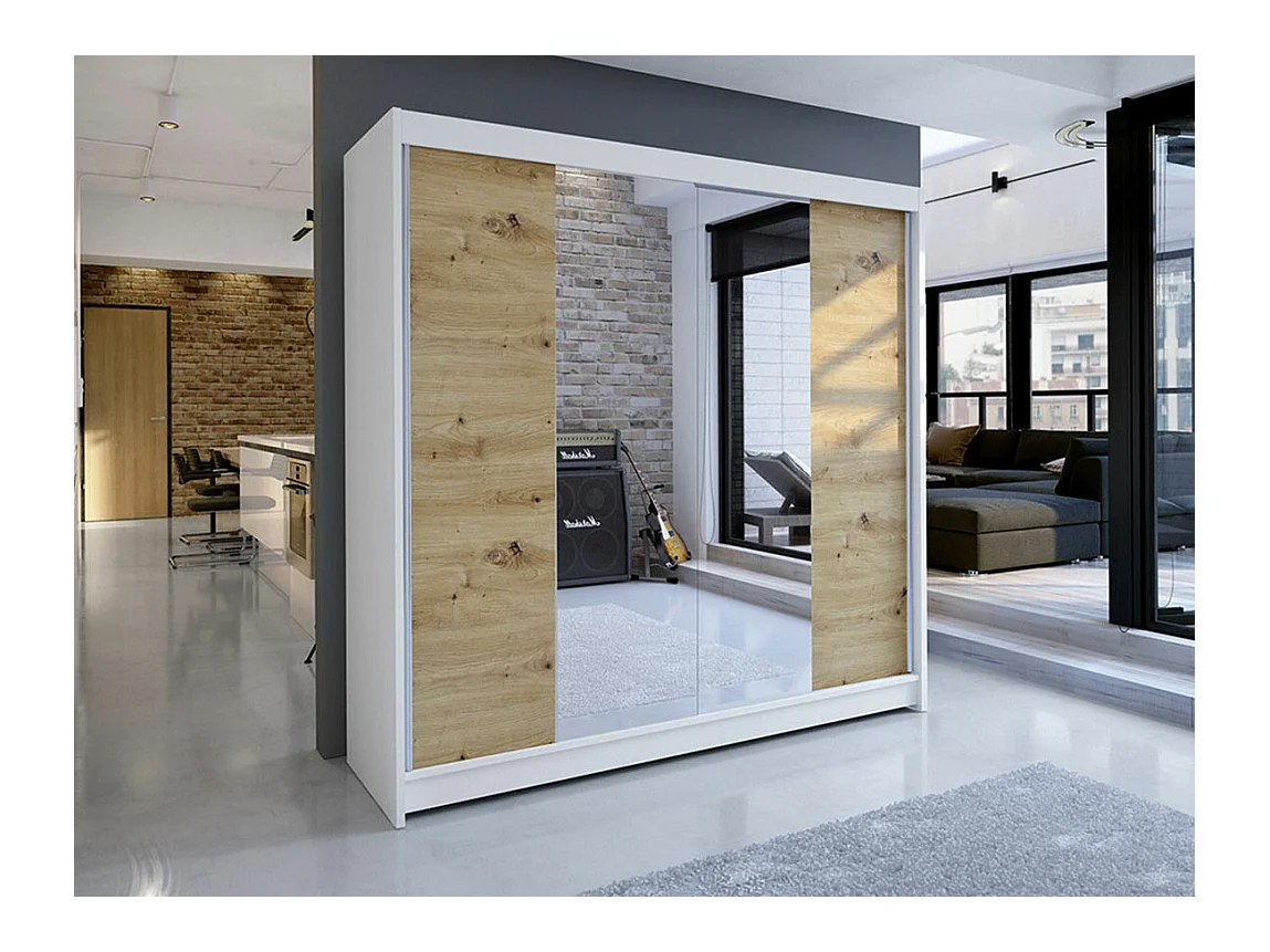 Guardaroba Closico 138, Rovere Artisan|Bianco, 215x180x58cm, Porte guardaroba: Scorrevoli