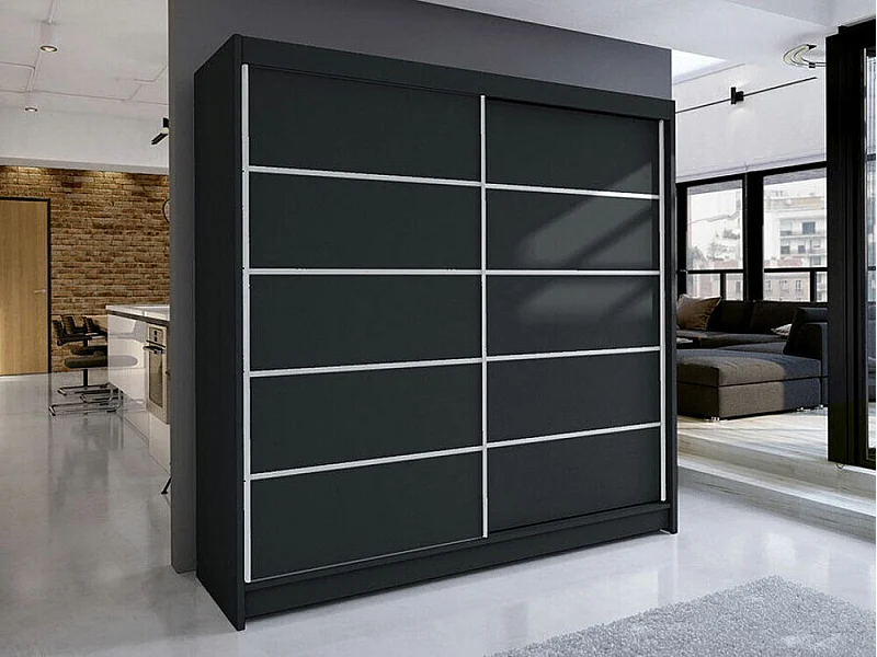 Armario Closico 153, Negro, 215x180x58cm, Puertas de armario: Correderas
