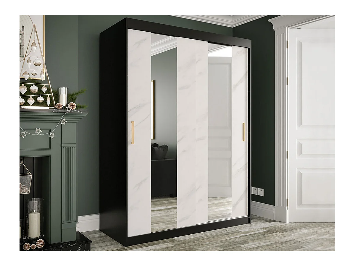 Armoire Hartford 242, Marbre blanc|Noir mat, 200x150x62cm, Portes d'armoire: Coulissantes