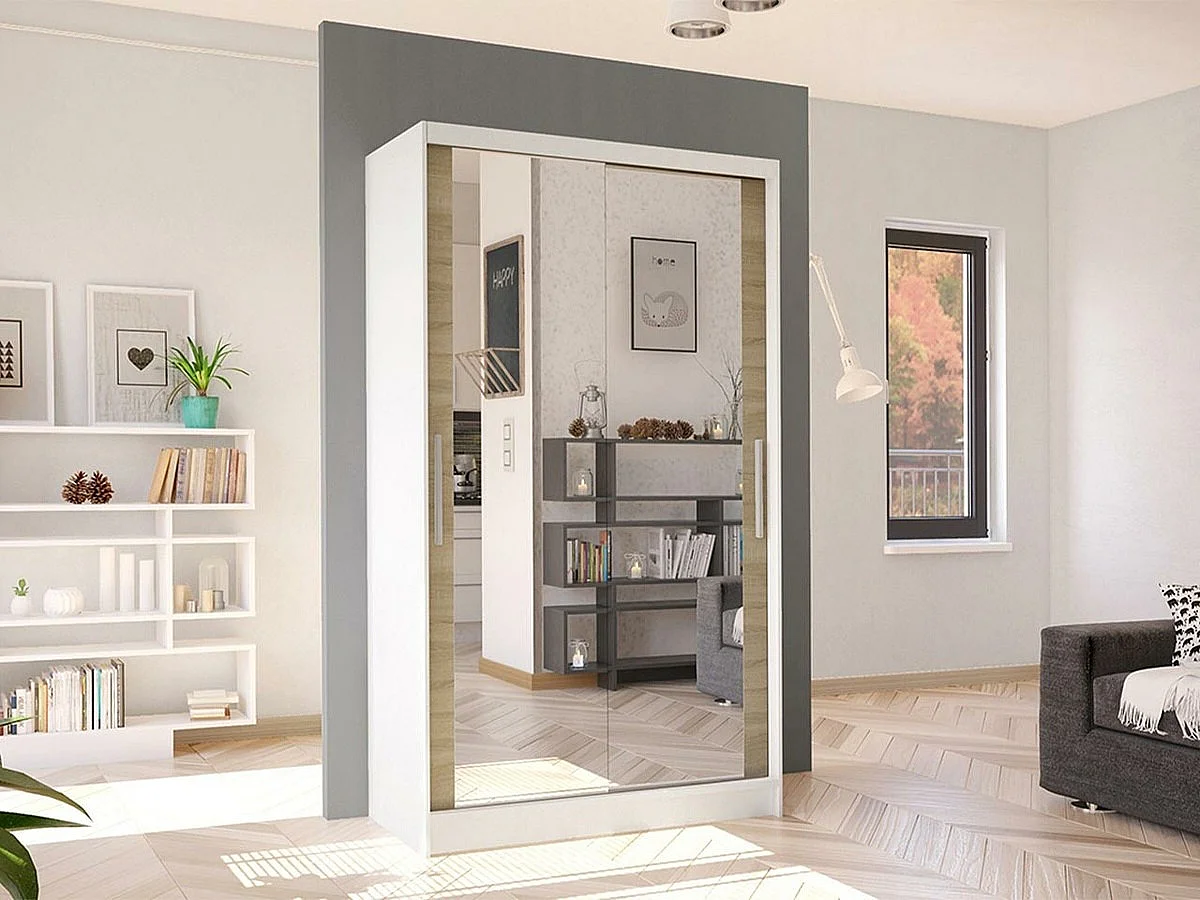 Armoire Closico 165, Blanc|Sonoma chêne, 200x100x58cm, Portes d'armoire: Coulissantes