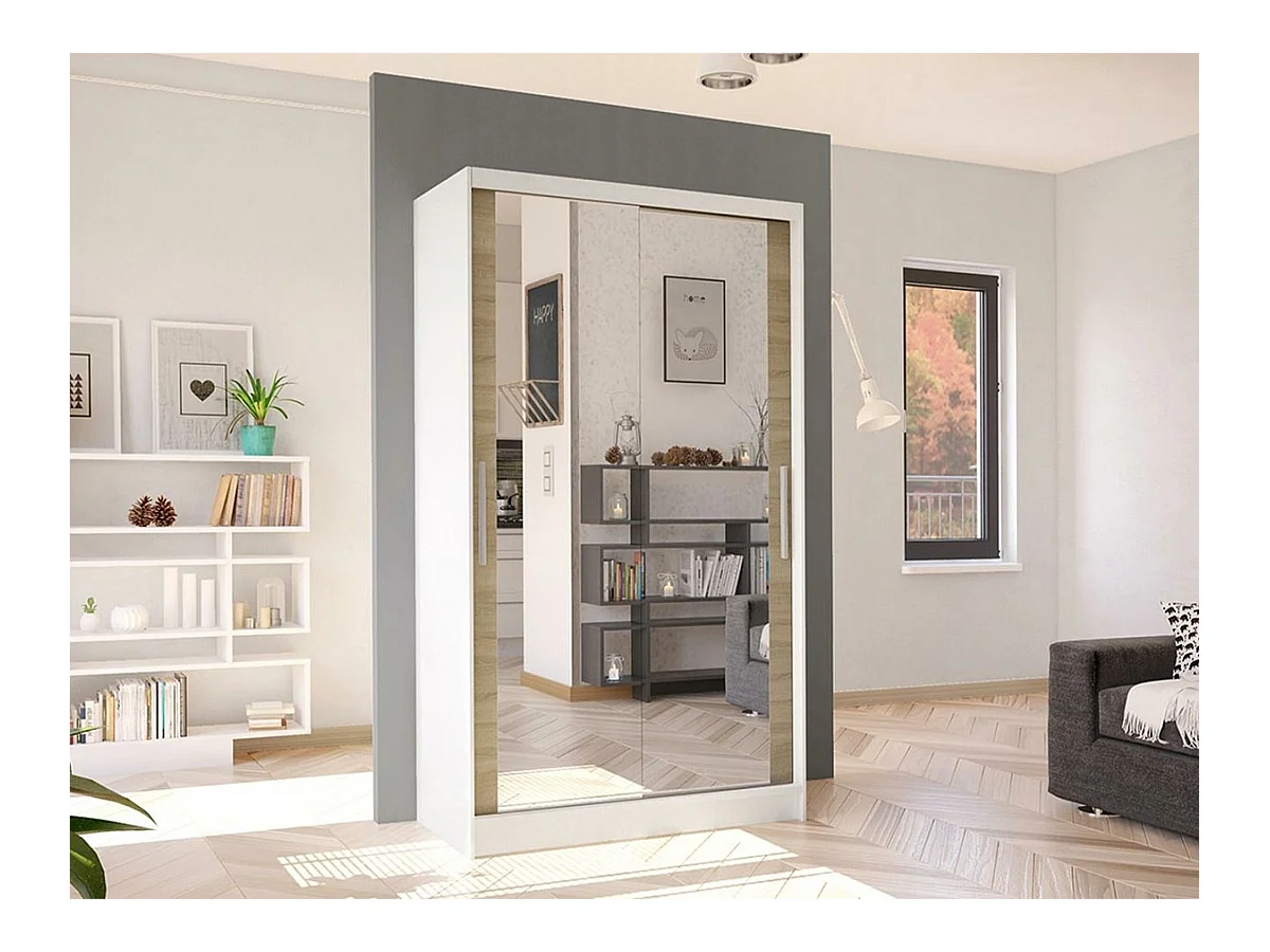 Armoire Closico 165, Sonoma chêne|Blanc, 200x100x58cm, Portes d'armoire: Coulissantes
