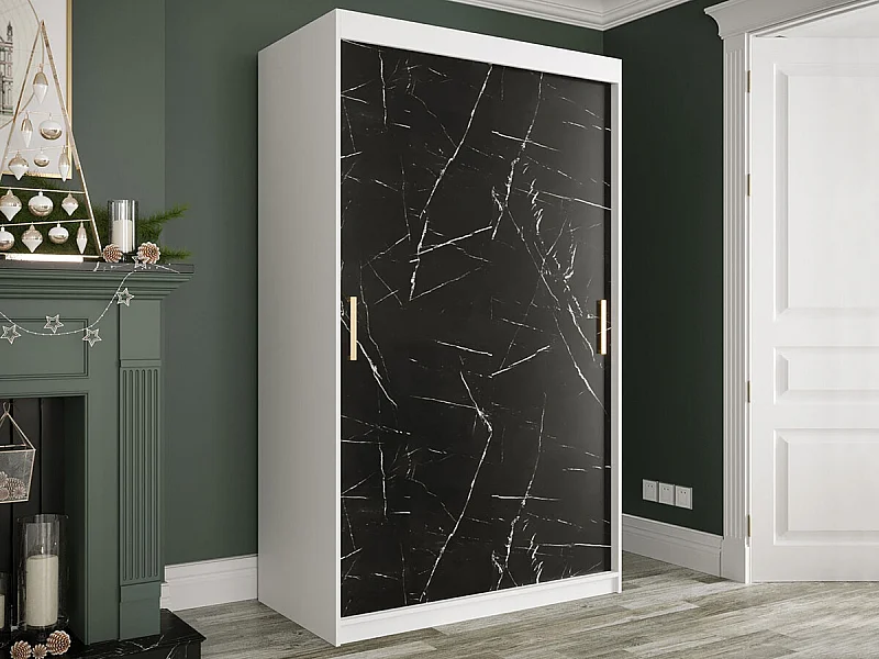 Armoire Hartford 247, Marbre noir|Mat blanc, 200x120x62cm, Portes d'armoire: Coulissantes