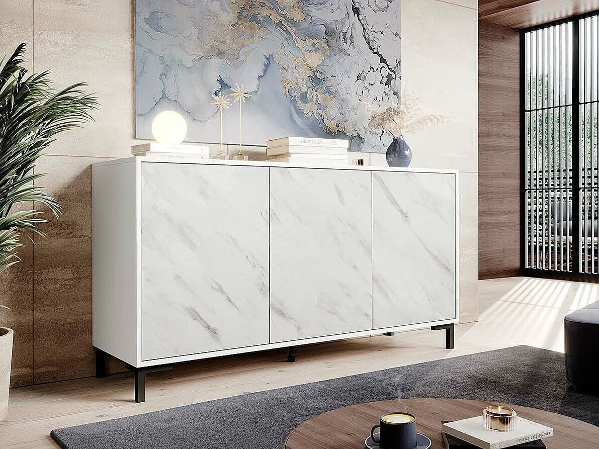 Buffet Charlotte 159, Marbre blanc|Blanc, 81x150cm, Le nombre de portes: 345cm, Stratifié