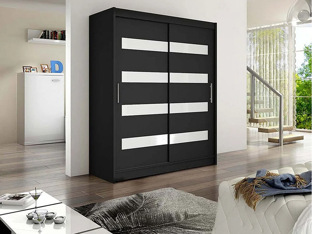 Armario Closico 113, Negro, 200x150x58cm, Puertas de armario: Correderas