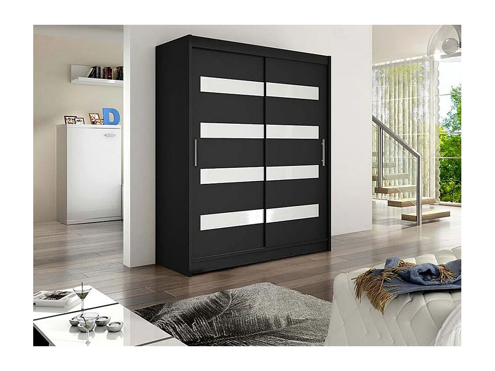 Armoire Closico 113, Noir, 200x150x58cm, Portes d'armoire: Coulissantes