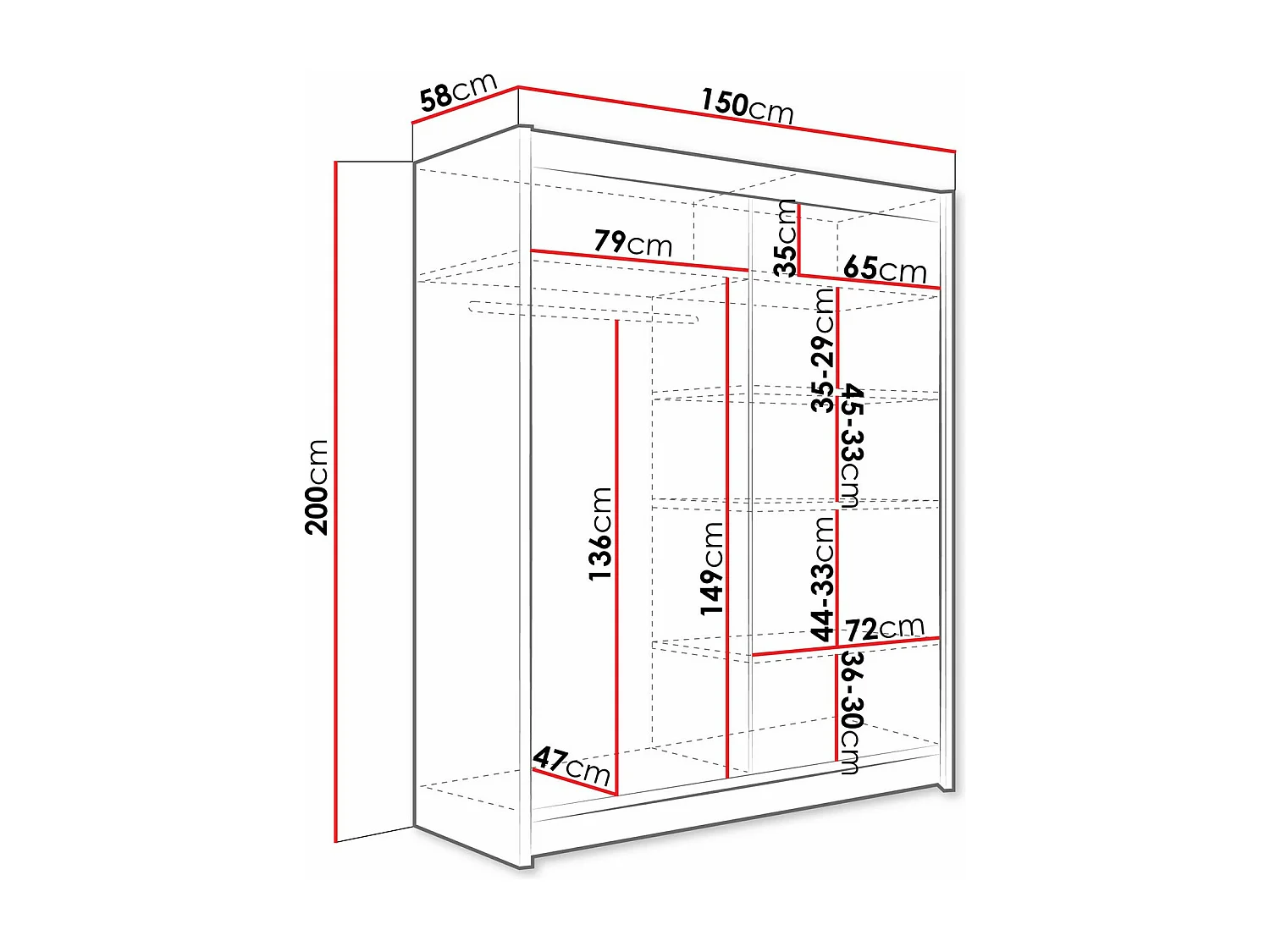 Armoire Closico 113, Noir, 200x150x58cm, Portes d'armoire: Coulissantes