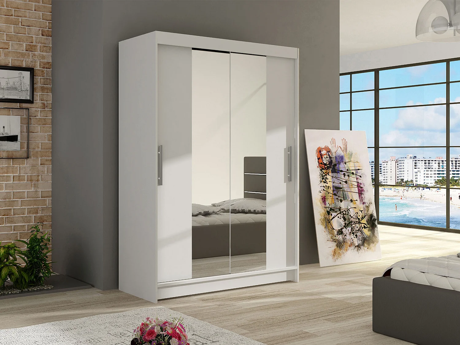 Armoire Closico 133, Blanc, 200x120x58cm, Portes d'armoire: Coulissantes