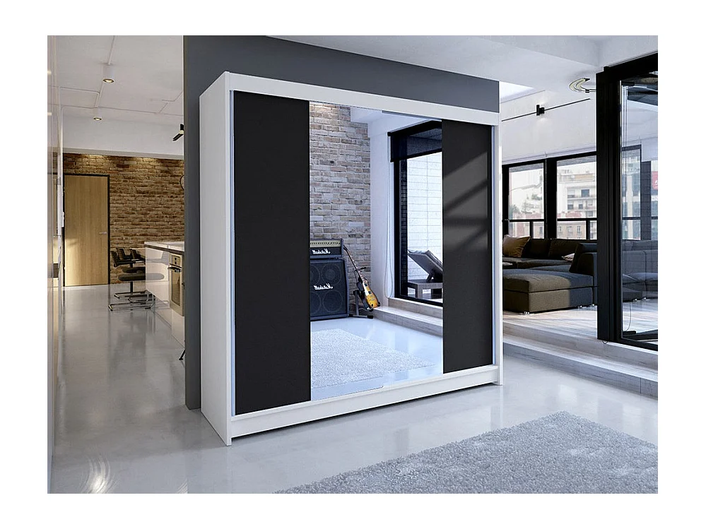 Armoire Closico 138, Noir|Blanc, 215x180x58cm, Portes d'armoire: Coulissantes