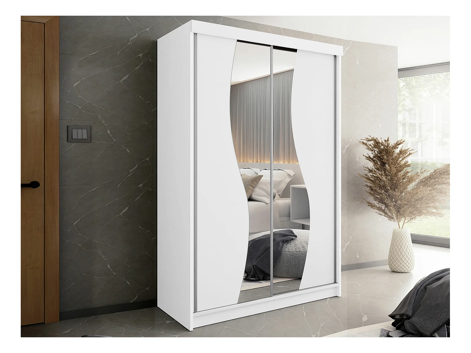 Armoire Dover 110, Blanc, 200x150x62cm, Portes d'armoire: Coulissantes