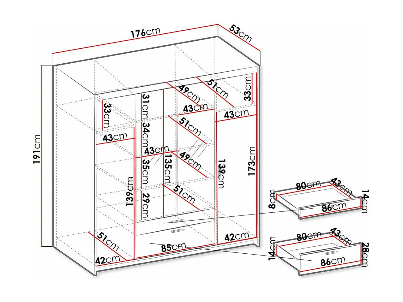Armario Novduni 108, Roble de lefkada, 191x176x53cm, Puertas de armario: Con bisagras