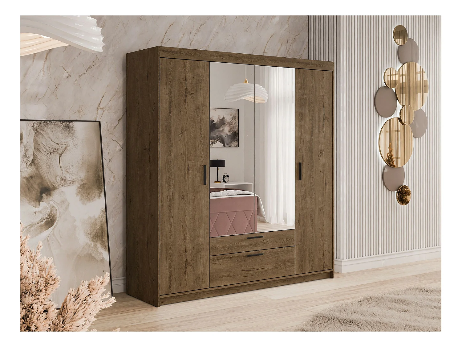 Armoire Novduni 108, Chêne de Lefkas, 191x176x53cm, Portes d'armoire: Avec des charnières