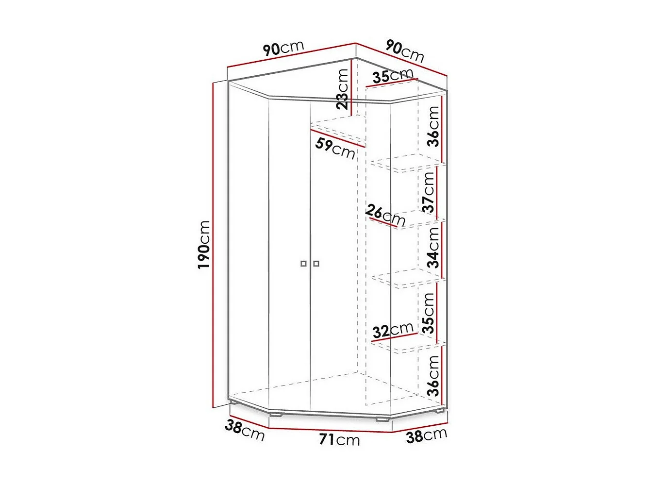 Armoire d'angle Camteso 100, Turquoise|Chêne|Blanc, 190x90x90cm, Nombre d'étagères: 5