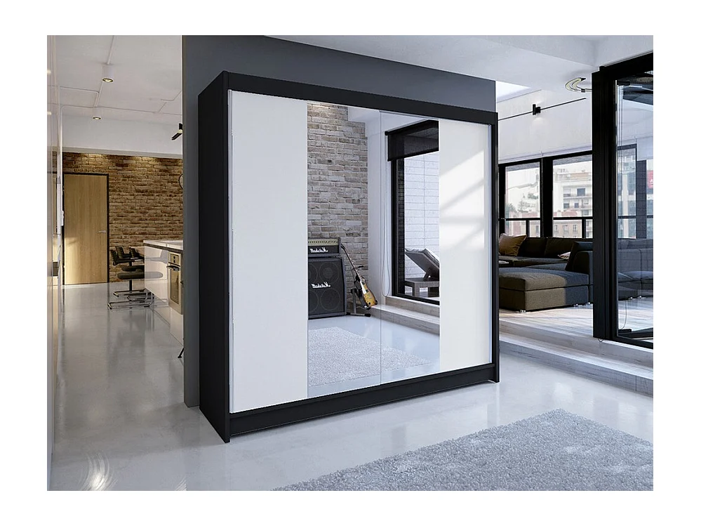 Armoire Closico 138, Noir|Blanc, 215x180x58cm, Portes d'armoire: Coulissantes