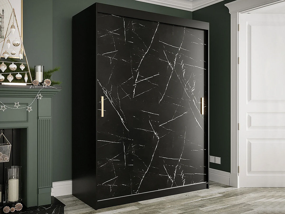 Armoire Hartford 248, Marbre noir|Noir mat, 200x150x62cm, Portes d'armoire: Coulissantes