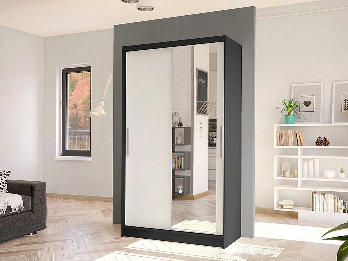 Armoire Closico 164, Noir|Blanc, 200x100x58cm, Portes d'armoire: Coulissantes