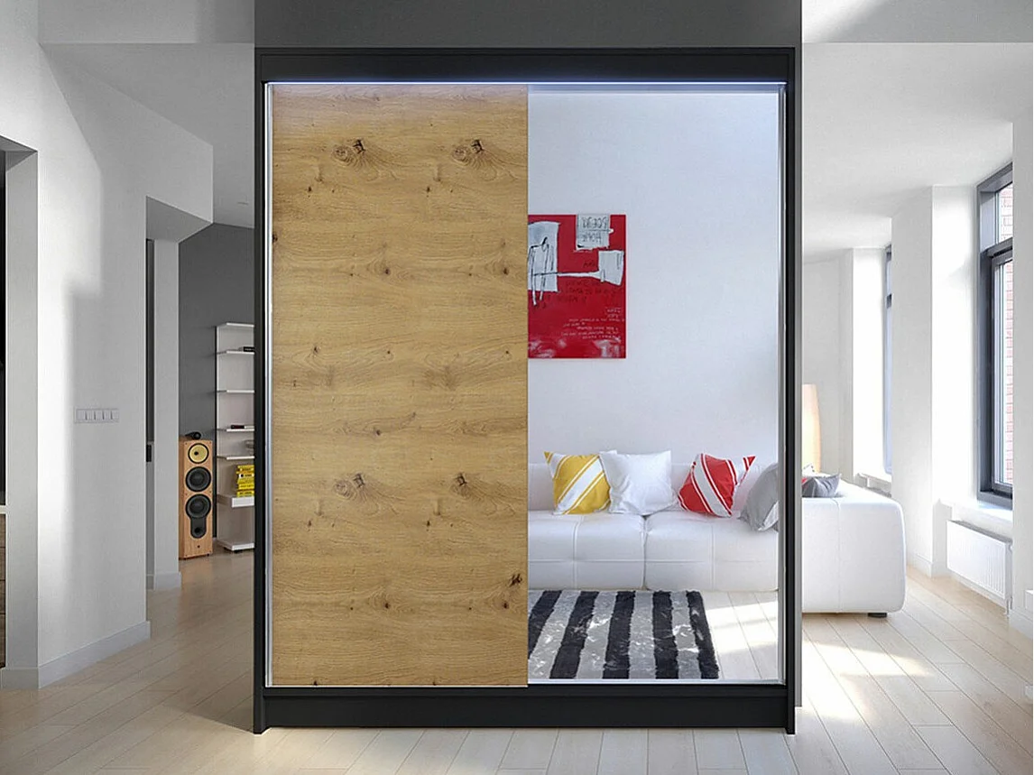 Armario Atlanta 140, Roble Artisan|Negro, 200x150x58cm, Puertas de armario: Correderas