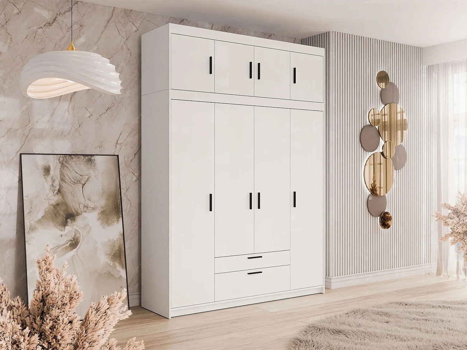 Armoire Novduni 106, Blanc, 246x177x53cm, Portes d'armoire: Avec des charnières