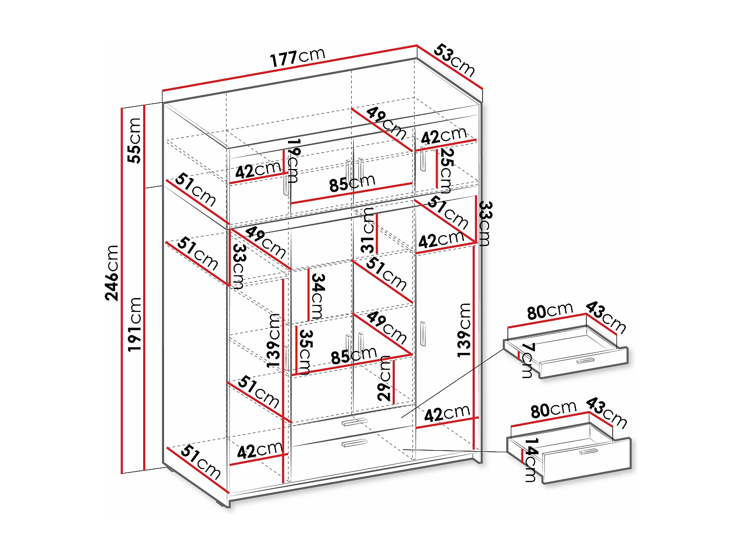 Armoire Novduni 106, Blanc, 246x177x53cm, Portes d'armoire: Avec des charnières