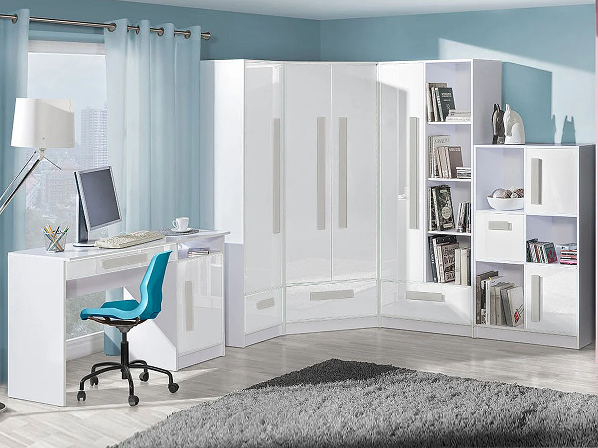 Armoire d'angle Merevari 103, Blanc|Brillant Turquoise, 191x87x87cm, Nombre d'étagères: 3