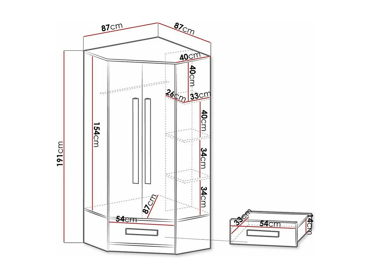 Armoire d'angle Merevari 103, Blanc|Brillant Turquoise, 191x87x87cm, Nombre d'étagères: 3