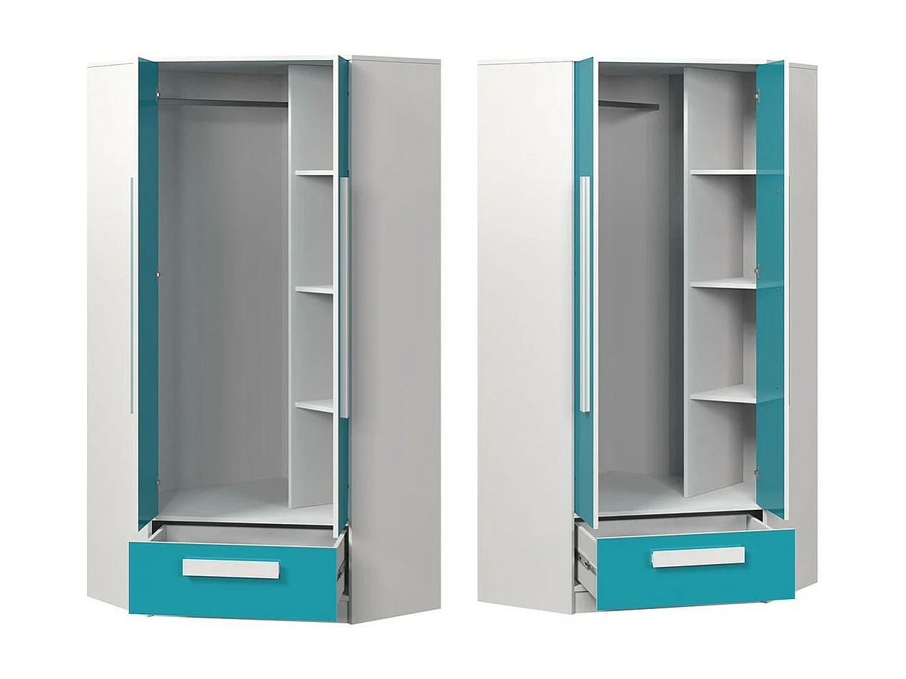 Armario de rincón Merevari 103, Blanco|Brillo Turquesa, 191x87x87cm
