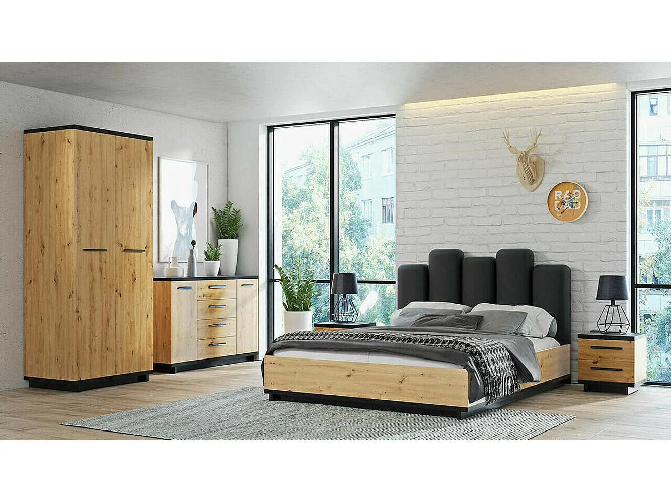 Armario Morlira 107, Roble Artisan|Negro mate, 215x90x60cm, Número de estantes: 5