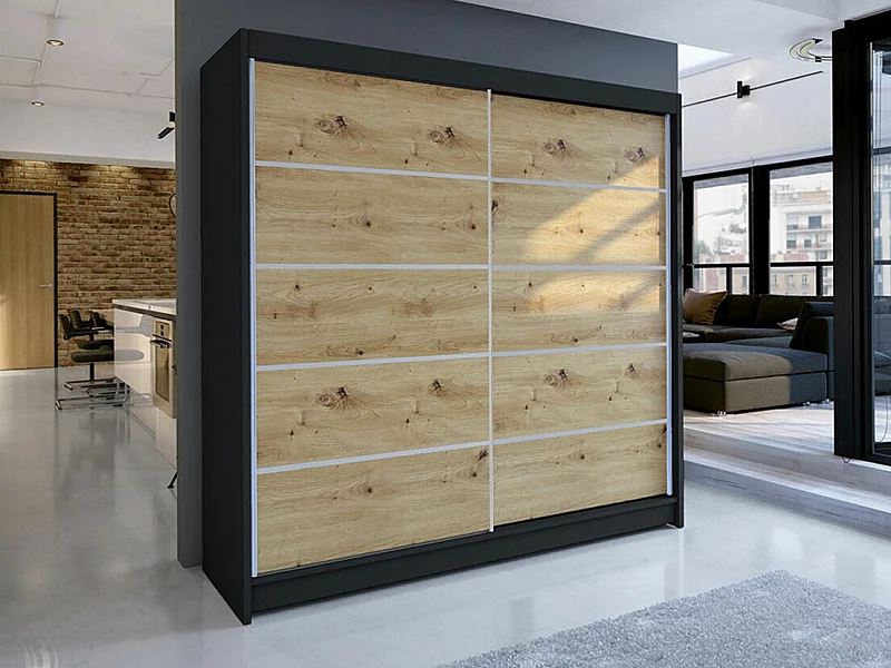 Armario Closico 153, Roble Artisan|Negro, 215x180x58cm, Puertas de armario: Correderas