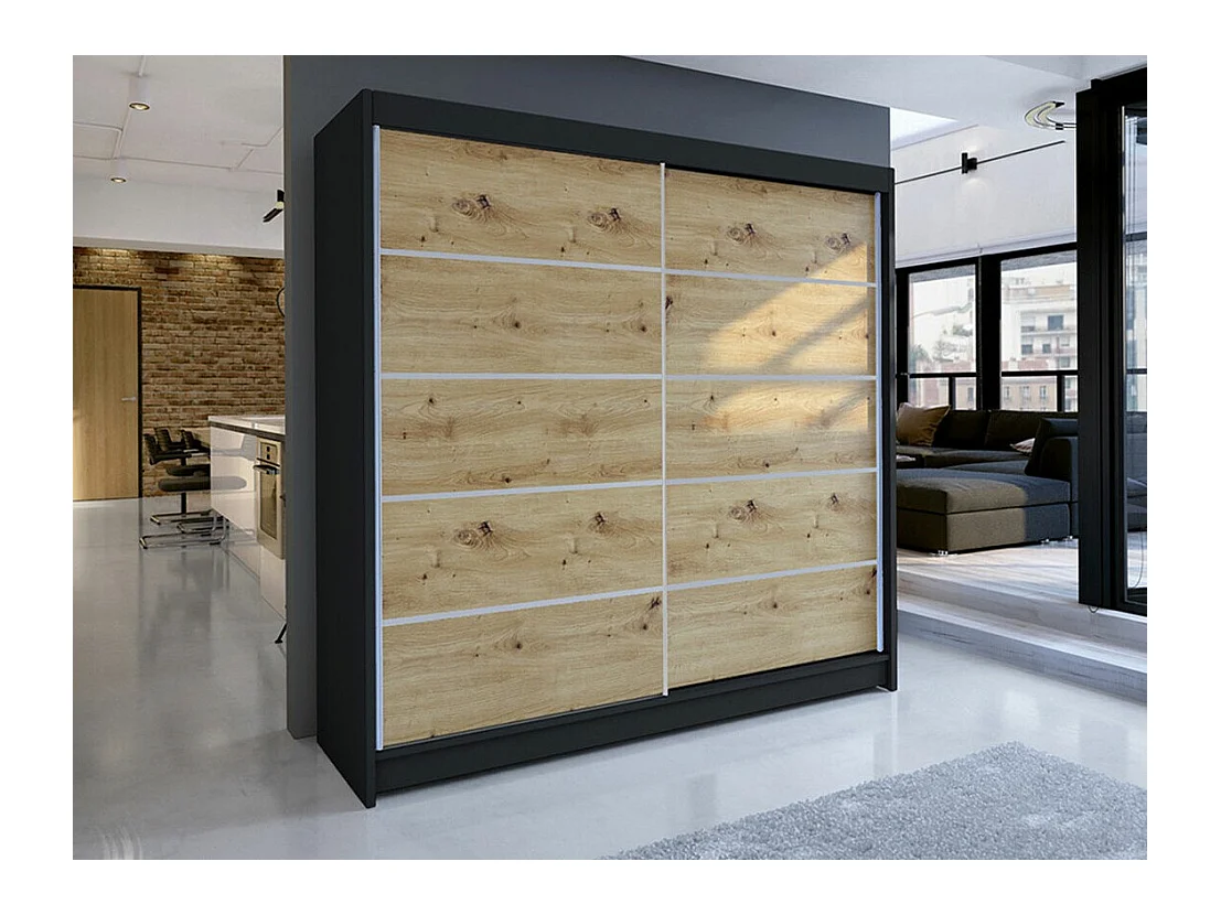 Armoire Closico 153, Chêne Artisan|Noir, 215x180x58cm, Portes d'armoire: Coulissantes