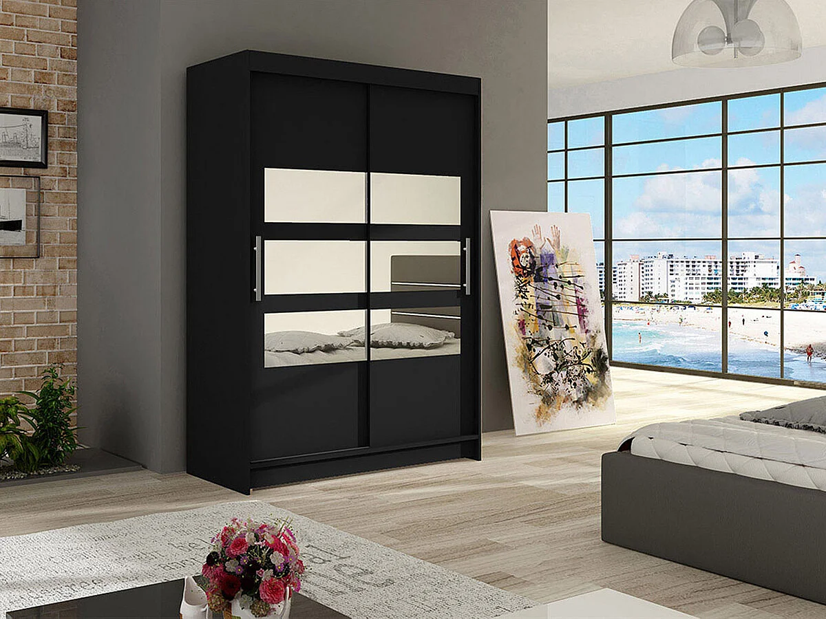 Armoire Closico 109, Noir, 200x120x58cm, Portes d'armoire: Coulissantes