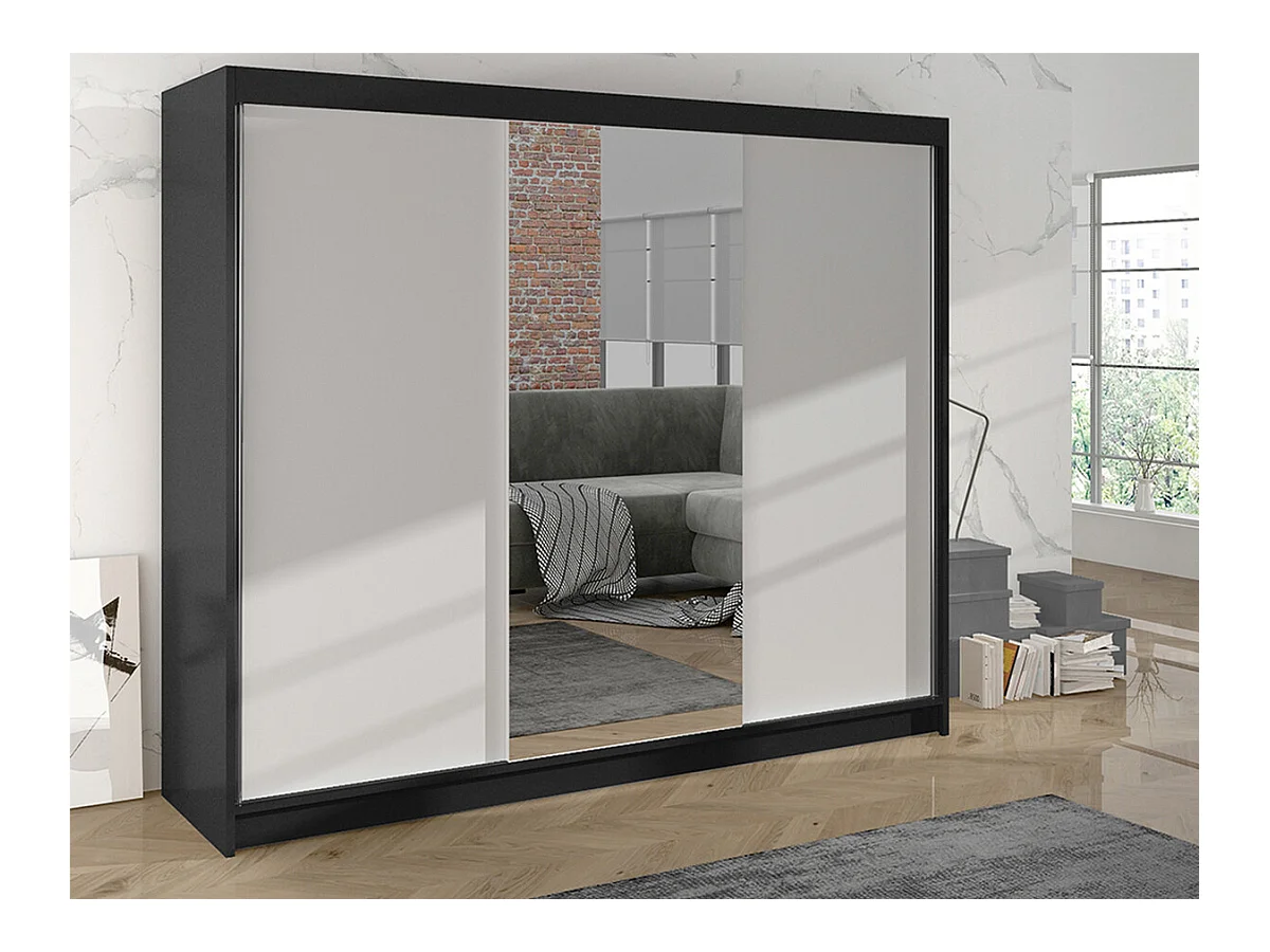 Armoire Closico 158, Noir|Blanc, 215x200x58cm, Portes d'armoire: Coulissantes