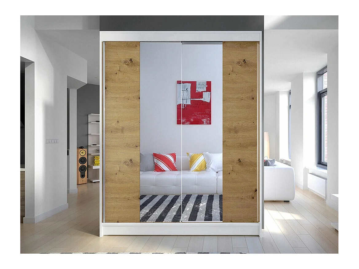 Armario Closico 141, Blanco|Roble Artisan, 200x150x58cm, Puertas de armario: Correderas